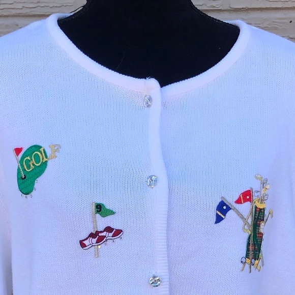 Tia Designs Golf Motif Appliqué & Embroidery on White Button Up Cardigan Sweater - Picture 5 of 7